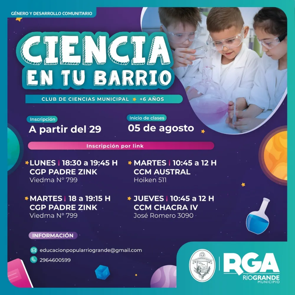 Río Grande: El lunes comienzan las inscripciones para el club "Ciencia en tu Barrio"