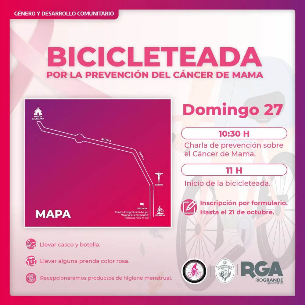 Río Grande: Están abiertas las inscripciones para la "Bicicleteada por la Prevención del Cáncer de Mama"