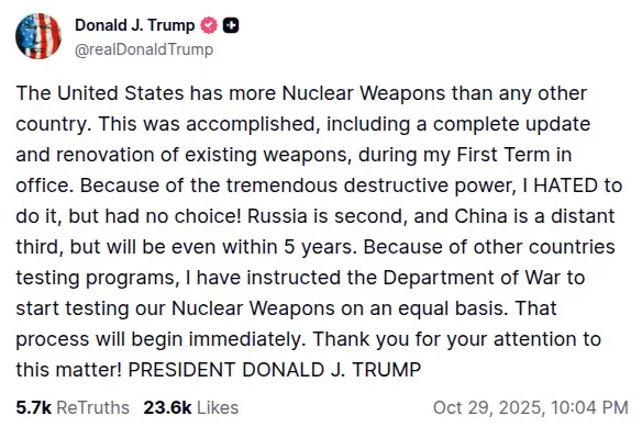 Publicación de Donald Trump en Truth Social sobre pruebas nucleares
