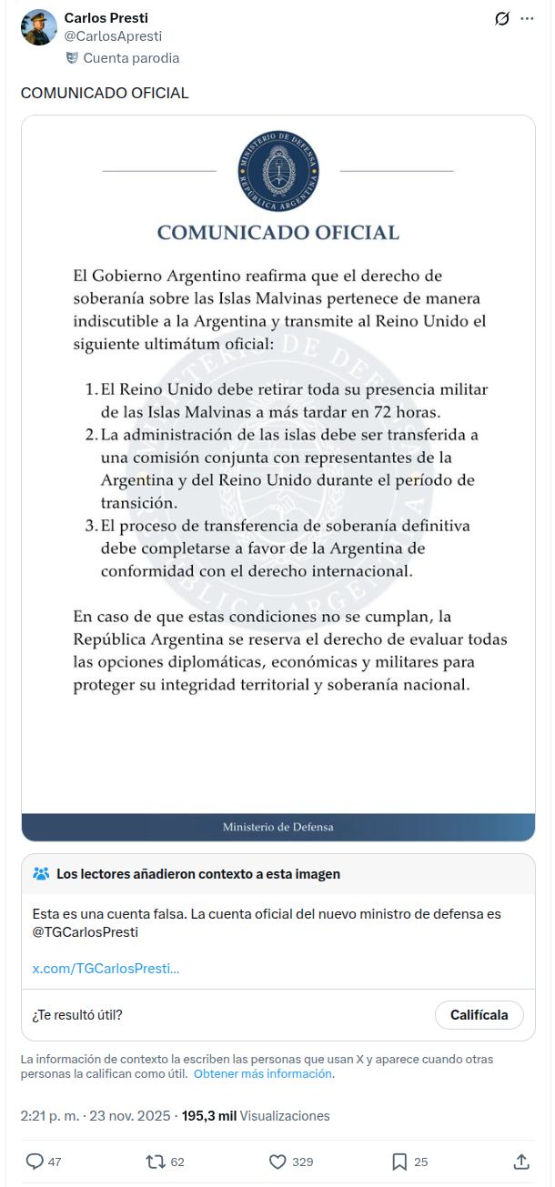 Publicación de la cuenta parodia de Carlos Presti sobre un ultimatum al Reino Unido sobre Malvinas